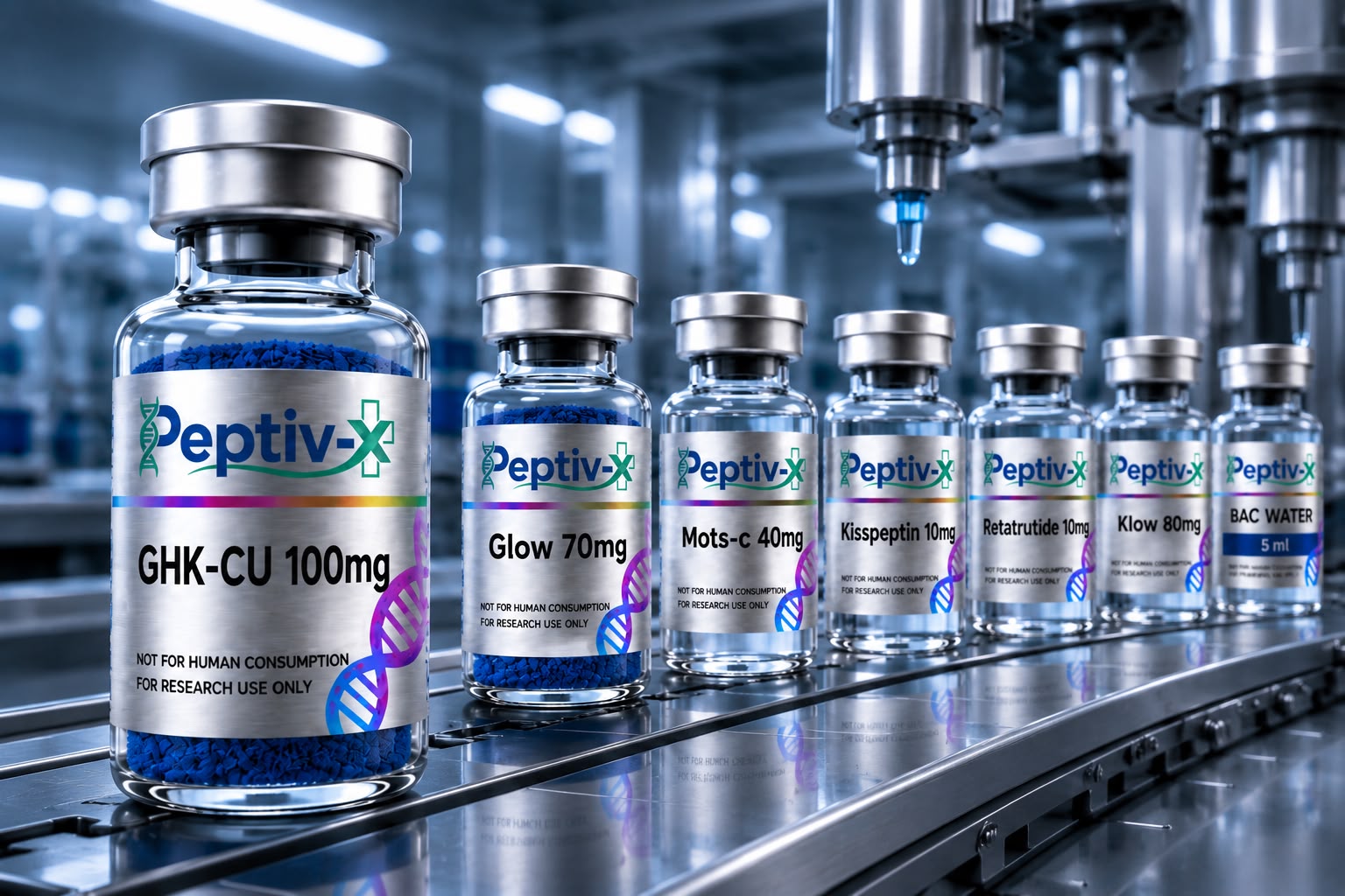 Viales de péptidos de investigación Peptiv-X en línea de producción
